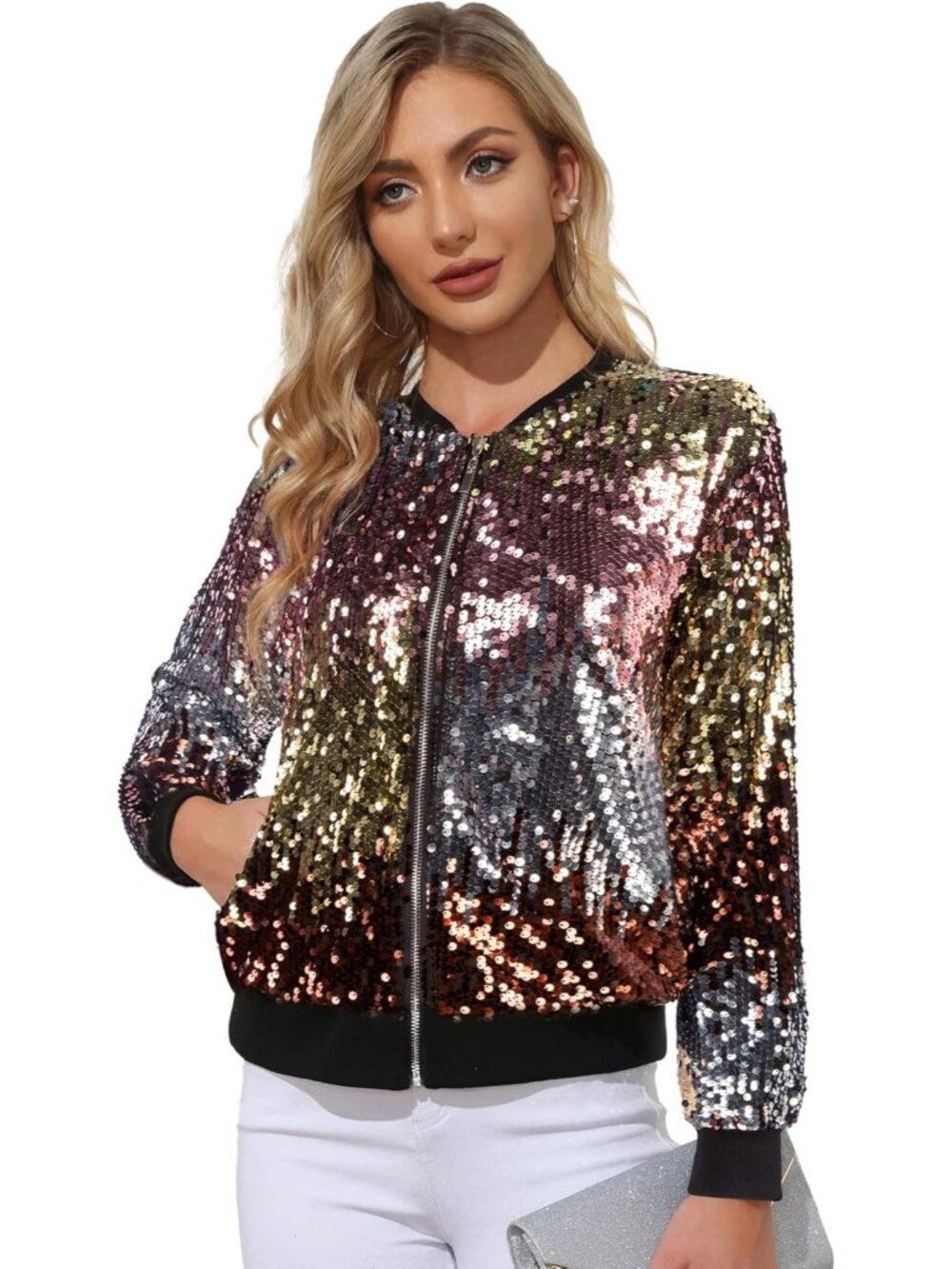 Women's Pink Gold Sequin Casual Long Sleeve Front Zip Bomber Jacket with Pocket